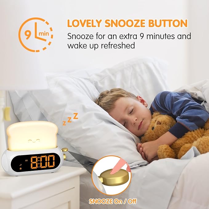 Kids Alarm Clocks for Bedroom, Cute Digital Clock with Night Light, 10 Ringtones, 10 Volumes, Nap Timer, Brightness Dimmer, Snooze, Bedside Alarm Clocks for Boys Girls Teens Birthday Gift, Plug-in Use