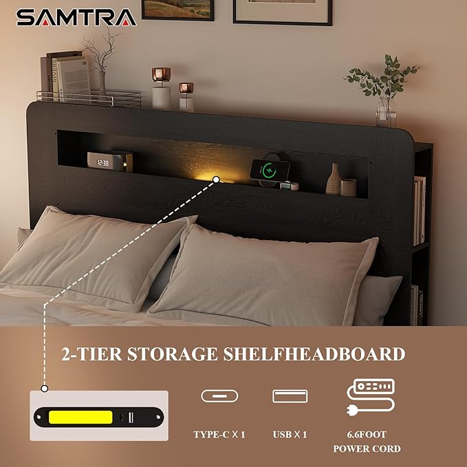 Wooden Bed Frame Full Size with Storage Headboard - Farmhouse Platform Bed Frame with Bookcase Shelf & Led Lights, Sturdy Wood Slat Framework Bed Frame (Black LED)