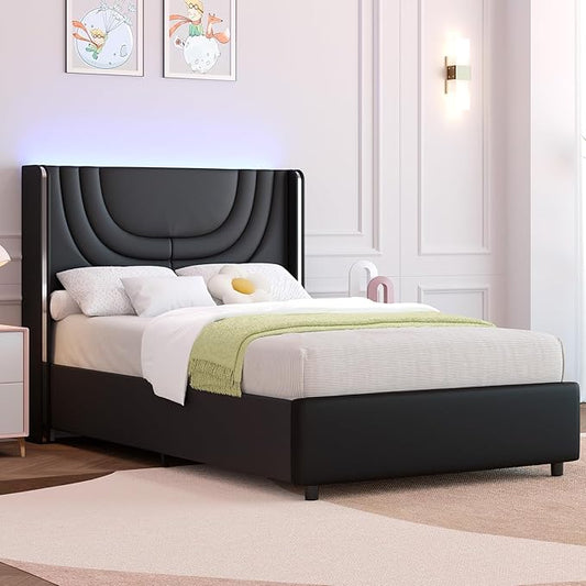 Twin Bed Frame with LED Lights, Faux Leather Upholstered Platform with Silver Wingback Headboard, Modern Style, No Box Spring Needed, Easy Assembly, Black