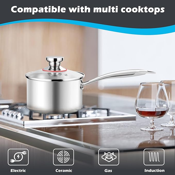 E-far 3-Quart Saucepan, Tri-Ply Stainless Steel Sauce Pan with Glass Lid, Small Cooking Induction Pot Compatible with All Cooktops, Non Toxic, Oven & Dishwasher Safe