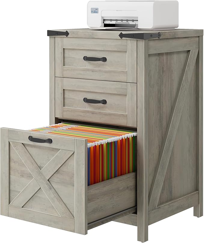 Vertical File Cabinet with 3 Drawers, Wooden Farmhouse Filing Cabinet for Letter/A4 Size Hanging Files, Under Desk Printer Stand with Storage for Home Office, Rustic Grey