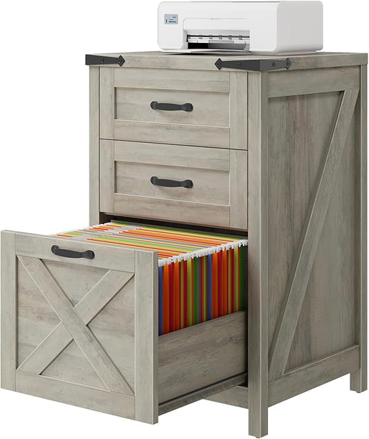 Vertical File Cabinet with 3 Drawers, Wooden Farmhouse Filing Cabinet for Letter/A4 Size Hanging Files, Under Desk Printer Stand with Storage for Home Office, Rustic Grey