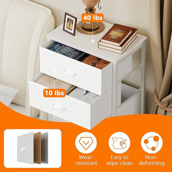 Furnulem White Tall Dresser for Bedroom with 7 Drawers, Vertical Chest of Drawer in Closet, Nightstand Storage Tower Unit Organizer with Fabric Bins for Dorm,Living Room,Entryway,Hallyway