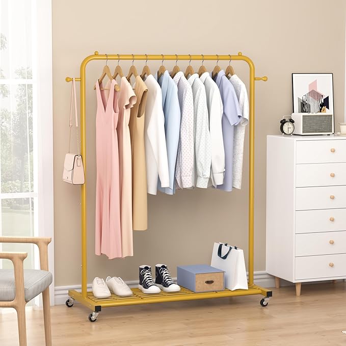 Sywhitta Clothes Rack on wheels, Clothing Rack with Bottom Mesh Storage Shelf,Sturdy Metal Frame,Rolling Garment Rack for Hanging Clothes,Coats,Skirts,39.76" L x 16" W x 64.56" H,Golden