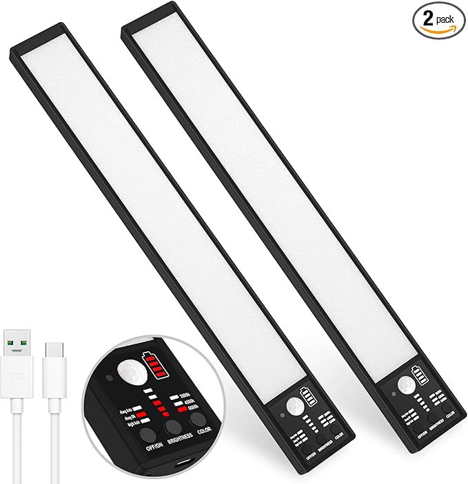 YELKO Motion Sensor Cabinet Lights, 3200mAh Battery Operated Closet Light, Portable Rechargeable Motion Lights, 3 Colors, 5 Brightness Adjustable Motion Lamp for Kitchen Wardrobe Cupboard(Two Pack)