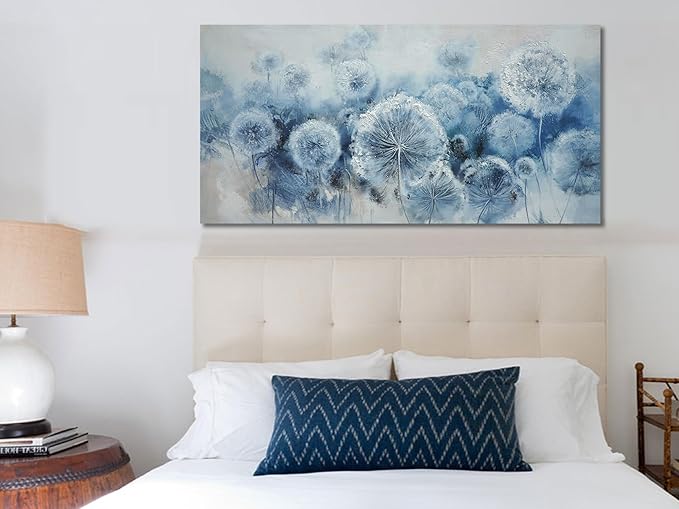 Arjun Flower Wall Art Indigo Blue Dandelion Floral Canvas Painting Watercolor White Textured Modern Artwork Large Framed for Living Room Bedroom Dinning Room Bathroom Home Office Wall Decor, 40"x20"