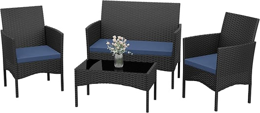 Kurapika Patio Furniture Set 4 Pieces Outdoor Wicker Rattan Chairs Conversation Sets w/Coffee Table, Rocking Bistro Set, for Deck,Patio,Backyard,Lawn (Navy Blue)