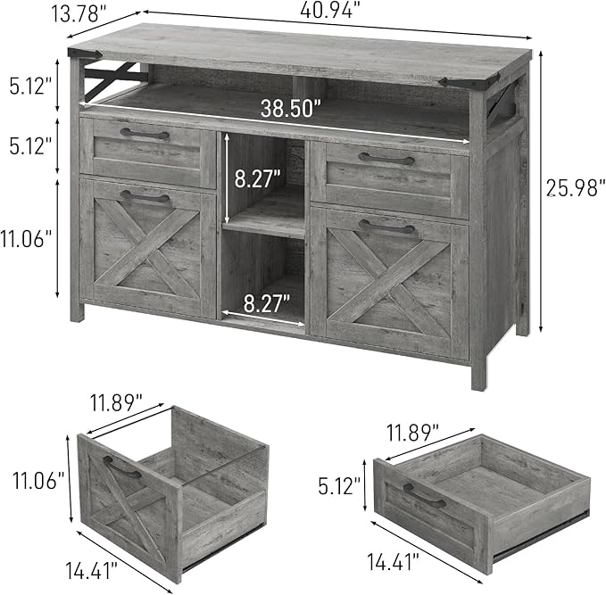 Farmhouse Filing Cabinet with Adjustable Shelf for Home Office, Lateral File Cabinets 4 Drawers with Open Storage Shelf, Filing Organization Storage Cabinets for Hanging Files Letter/A4.(Grey)