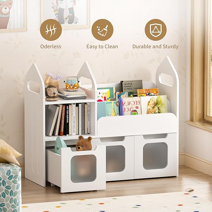Toy Storage Organizer with 3 Movable Drawers and Storage Cubby, 25.5" H Kids Bookshelf and Toy Storage, Book Shelf for Kids Room, Nursery, Playroom, Bedroom, White