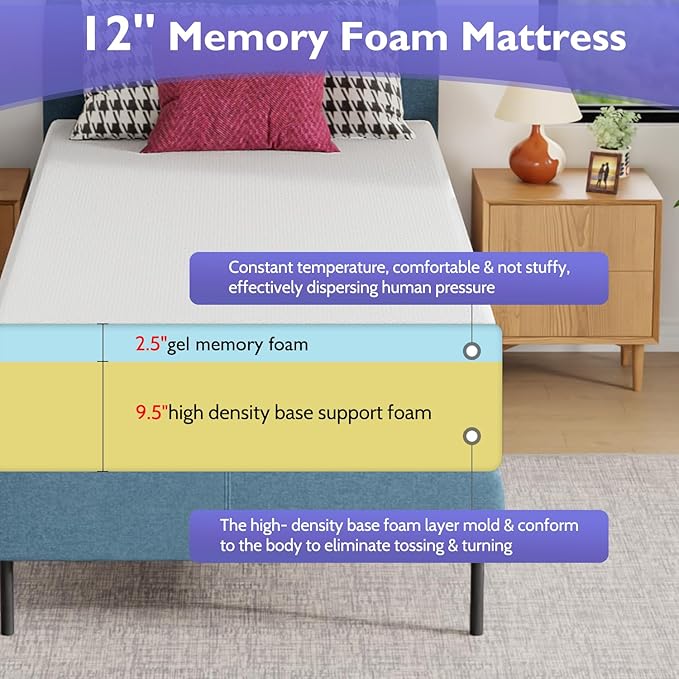 FDW 12 inch Gel Memory Foam Mattress Medium Firm Mattresses for Cool Sleep Relieving Pressure Relief CertiPUR-US Certified Mattress in a Box,Twin XL