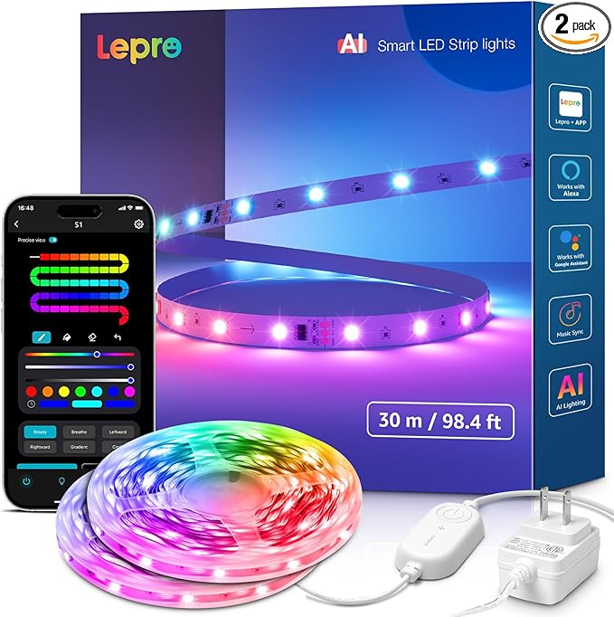 Lepro S1 AI LED Strip Lights for Christmas Decorations, 100ft(2 Rolls of 50ft) Smart RGB Light Strips with IC, Music Sync, Personalized Al Lighting Designer, No Remote, 2.4GHz Wi-Fi & Bluetooth