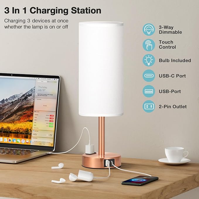 Bronze Nightstand Bedroom Lamp - 3 Way Dimmable Bedside Lamp USB C A Charging Ports and AC Outlet, Small Table Lamp White Linen Lampshade for Desk, LED Bulb Included