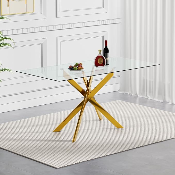 Goujxcy 5 Piece Glass Dining Table Set Modern Glass Dining Table Set for 4, 51" Rectangular Kitchen Table and 4 Velvet Upholstered Chairs for Kitchen Dining Room, Gold Table & Green Chair