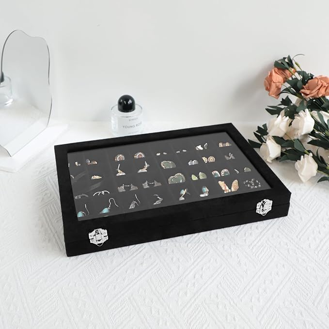 Wudygirl 40 Grid Jewelry Organizer Tray for Earrings Rings Bracelets Storage Necklaces Display Large Jewelry Box with Clear Lid Multiple Compartments Drawer Organization (Black Velvet)