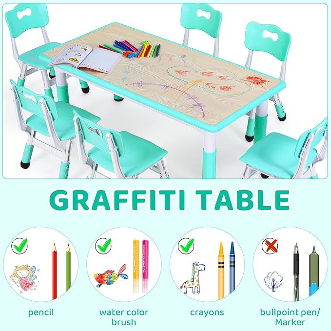 Arlopu Kids Table and 6 Chairs Set, Height Adjustable Graffiti Desk, Preschool Activity Art Craft Table, for Daycare Classroom Home Boys and Girls Age 3-12 (Light Green)