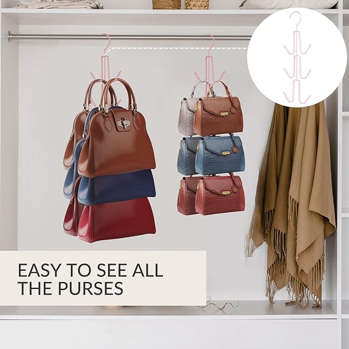 ZEDODIER Purse Hanger Organizer for Closet, 4 Pack Hanging Bag Holder, Keeping Purses Visible and in Good Condition, Metal Handbag Storage Hook Backpack Rack Space Saving Hanger, Pink