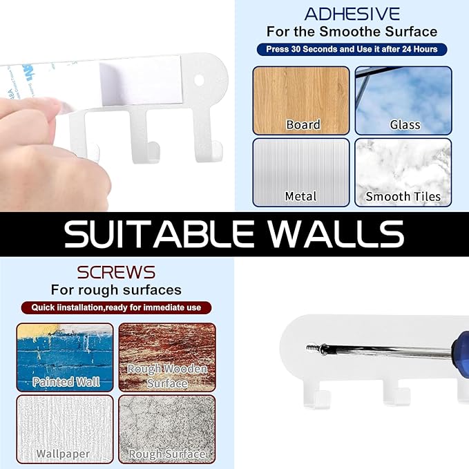 2 Pack Key Holder for Wall,Key Hooks,Key Holder Wall Mount Self Adhesive, Key Hooks for Wall Key Rack Wall Mount for No Drill for Living Room, Kitchen, Bathroom, Garage (White, 6 Hooks)