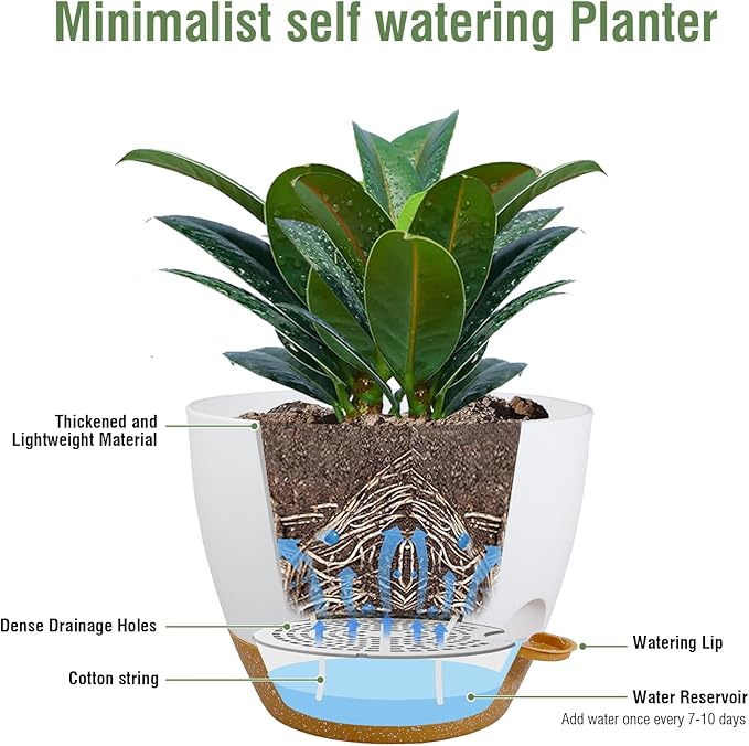 12 inch Large Self Watering Pots for Indoor Outdoor Plants, Plant Pots with Mesh Drainage Holes for Garden House Plants, Plastic Planters with Reservoir for Flower Plants, White with Brown