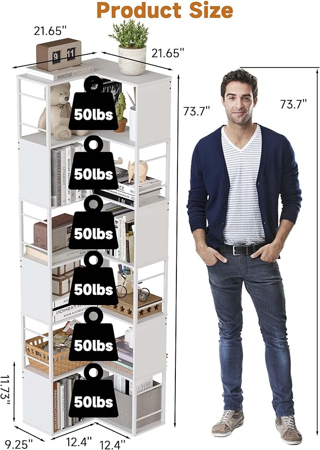 Baoz 7-Tier Corner Shelf- L Shape Corner Bookshelf with Storage- Wood Metal Bookcase Open Floor Stand Shelf Tall Decorative Display Storage Organizer in Living Room/Bedroom/Home/Office (White)