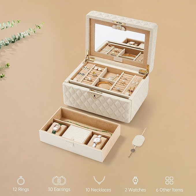 VEE&CO. Jewelry Box,Diamond Quilted Leather jewelry organizer earring holder organizer necklace organizer 2-Layer Jewelry Case with Drawers, with Key Lock,gifts for women (beige, Medium)