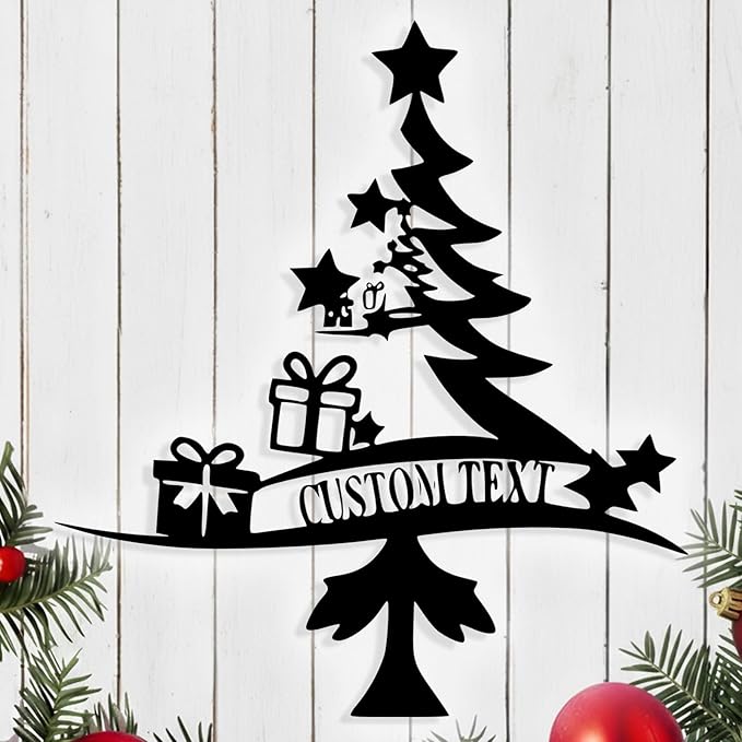 Personalized Christmas Tree Metal Sign, Custom Signs Outdoor Metal Wall Decor, Merry Christmas Tree Signs Wall Decoration for Home Living Room, Bedroom, Office, Garden, Porch