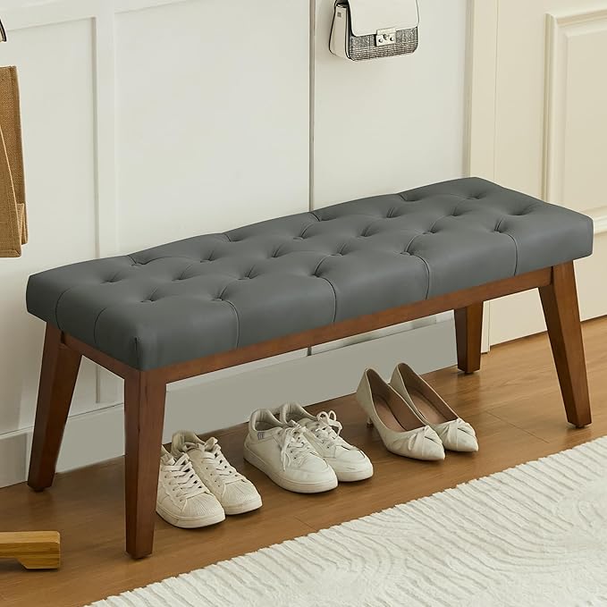 43.5'' Faux Leather Bedroom Bench, Upholstered End of Bed Bench with Tufted Button, Padded Vintage Dining Bench, Entryway Bench with Solid Wood Legs, Kitchen, Living Room, Hallway, Dark Grey Tufted