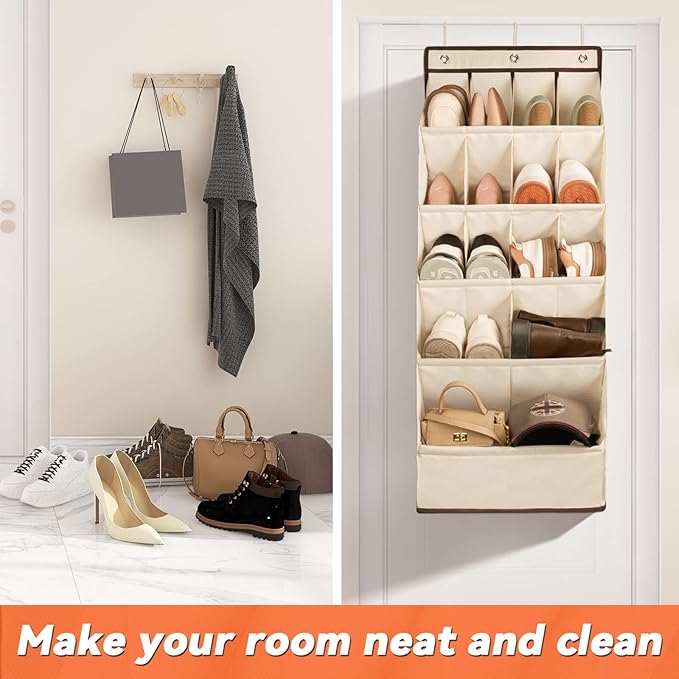 FENTEC 1 Pack Over the Door Shoe Organizers, Hanging Shoe Organizer with Large Deep Pocket Shoe Holder for Closet Shoe Rack for Wall, Over Door Shoe Storage Hold up to 18 Pairs Shoe, Beige