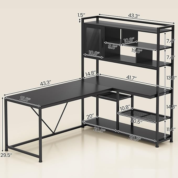 SEDETA L Shaped Computer Desk, 58'' Office Desk with LED Light and Bookshelf, L Shaped Corner Desk with Storage Shelves for Home Office, Gaming Desk, L Desk, Black