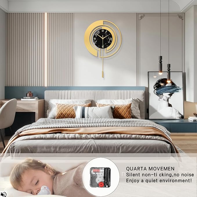 FLEBLE Wall Clock,Decorative Wall Clocks Pendulum,Silent Quality Quartz Wall Clock Battery Operated,Large Clock for Living Room,Kitchen,Home,Bathroom,Bedroom Wall Decor,15x24 inches