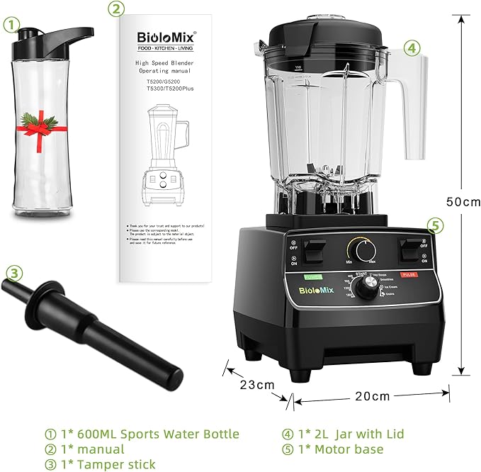 Biolomix Professional Smoothie Blender, 2200W High Power with 68oz Pitcher, Smart Presets, Blender for Kitchen, Ice, Soup (Extra Parts + 600ML Grinding Cups)