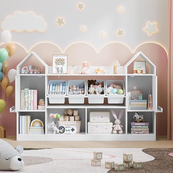 Vabches Castle Shape Children's Bookcase with Blackboard, Kids Bookshelf Display Case Kids Toy Storage Organizer Bookshelf Suitable for Playroom, Children's Room, Living Room, White