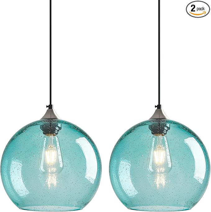 Light Blue Glass Pendant Lights Kitchen Island Globe Pendant Light Fixtures Modern Pendant Lighting for Bedroom Living Dining Room Light Fixture (9.84 in, 2 Pack)