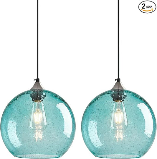 Light Blue Glass Pendant Lights Kitchen Island Globe Pendant Light Fixtures Modern Pendant Lighting for Bedroom Living Dining Room Light Fixture (9.84 in, 2 Pack)