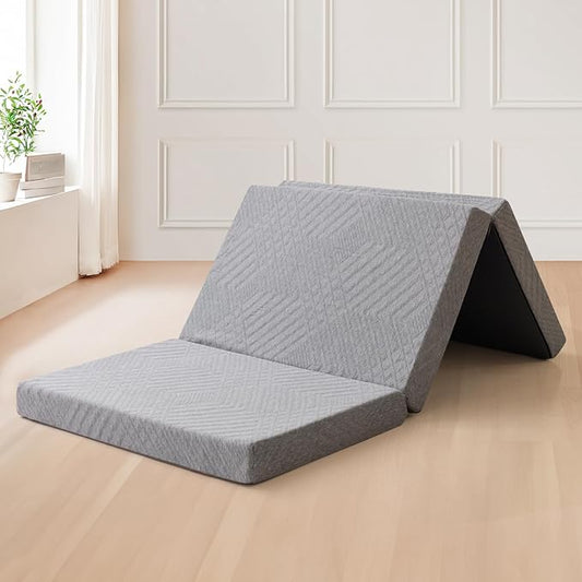 Folding Mattress 4in Single Memory Foam Tri-Folding Mattress with Washable Cover Foldable Floor Mat for Guest Bed, Camping, Yoga, RV Travel, Light Grey (Size: 25" L x 75" W x 4" Th)