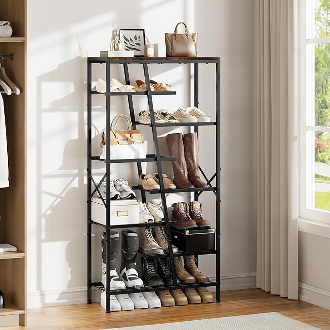 Shoe Rack, 8 Tier Boot Rack, Wooden Storage Organizer for Tall Boots, Large Capacity Metal Shoe Shelf Holds 12-15 Pairs of Shoes, Durable and Stable, for Entryway, Closet, Rustic Brown