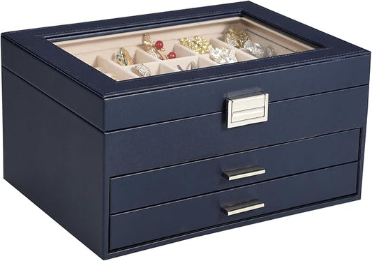 Voova Jewelry Box Organizer for Women Girls, 3 Layer PU Leather Jewelry Storage Case with Glass Lid & 2 Drawers, Large Jewellery Display Holder for Necklaces Rings Earrings Bracelets, Navy Blue