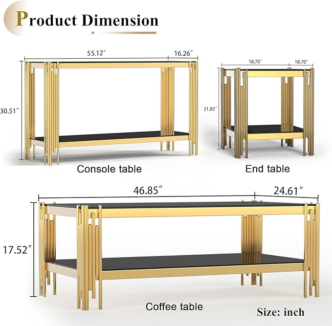 3 Pieces Glass Living Room Table Set Modern Coffee Table Console Table End Table Set with Storage 2-Tier Glass Gold Coffee Table Set w/Stainless Steel Frame for Apartment Home Office