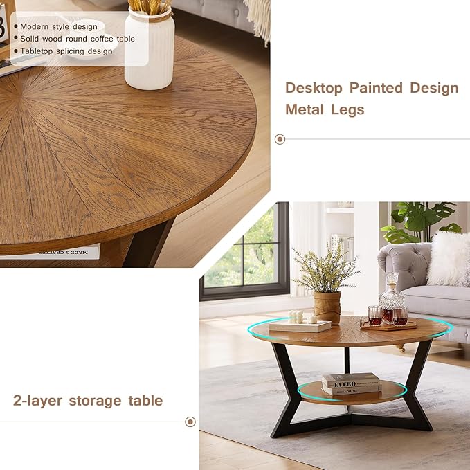 Round Wood Coffee Table for Living Room, 2-Tier Rustic Circle Table with Storage, Solid Natural Top with Metal Legs, Radial Pattern 35'x 17'