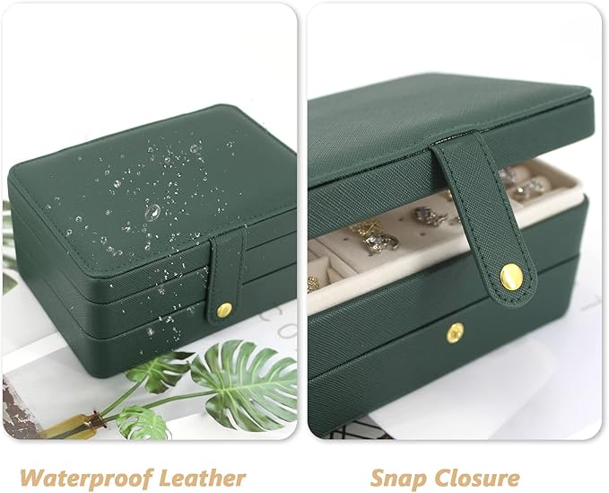 KOOAAICCHI Small Jewelry Box, Travel Jewelry Organizer, Portable Jewelry boxes for Women Girls Gift, Double Layers PU Leather Jewelry Holder for Rings, Earrings, Necklaces-Green