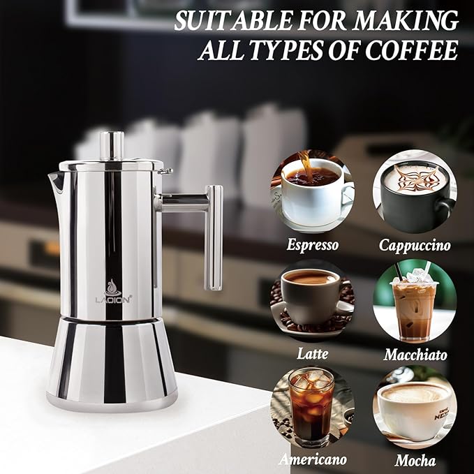 Stovetop Espresso Maker, 4Cup 6.8 oz Moka Pot, Stainless Steel Cuban and Italian Coffee Maker for Cafetera Cubana, Greca De Cafe Induction Stovetop Compatible, Coffee Gift for Home Travel