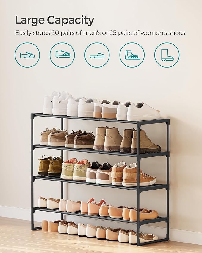 SONGMICS Shoe Rack, 4-Tier Shoe Organizer, Metal Storage Shelf, Upright or Upside Down, for 20-25 Pairs, Stackable, for Entryway, 11.8 x 36.2 x 29.5 Inches, Black ULSA14BK