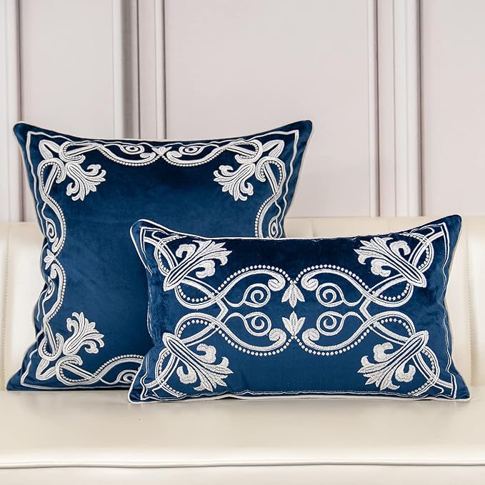 Aeckself European Floral Pillow Cover 16x16 Inch, Luxury Velvet Embroidered Decorative Throw Pillow Cover for Couch Bedroom Living Room, Navy Blue and White