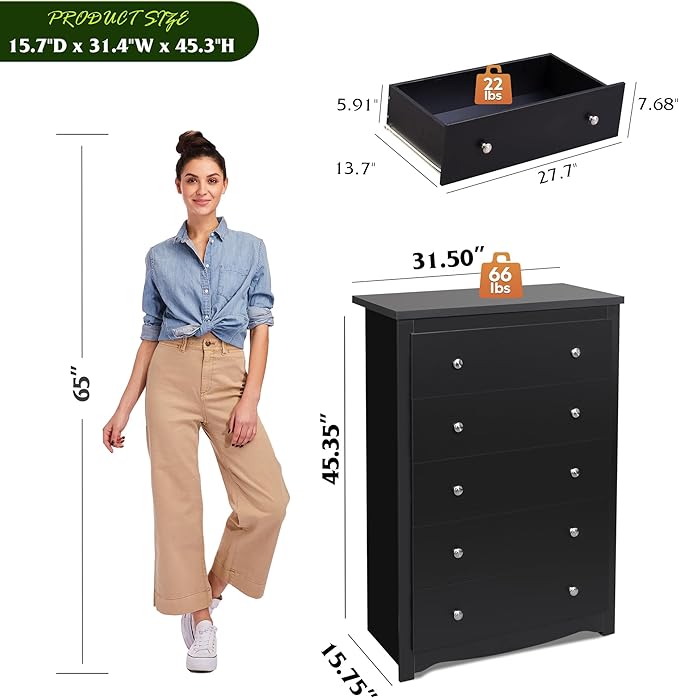 WLIVE Wood Dresser with 5 Drawers, Black Wooden Storage Cabinet, Organizer Drawers for Bedroom, Living Room, Hallway, Measuring 15.75" W * 31.50" D * 45.35" H ﻿