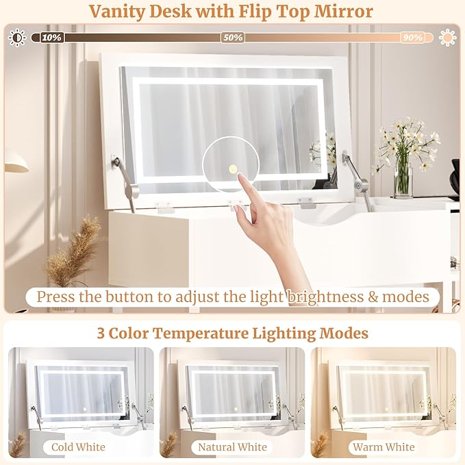 Cyclysio Vanity Desk with Flip Top Mirror and Lights, Makeup Vanity Desk with Drawers, Dressing Table with Storage Shelves & Charging Station, Small Vanity for Small Spaces, White