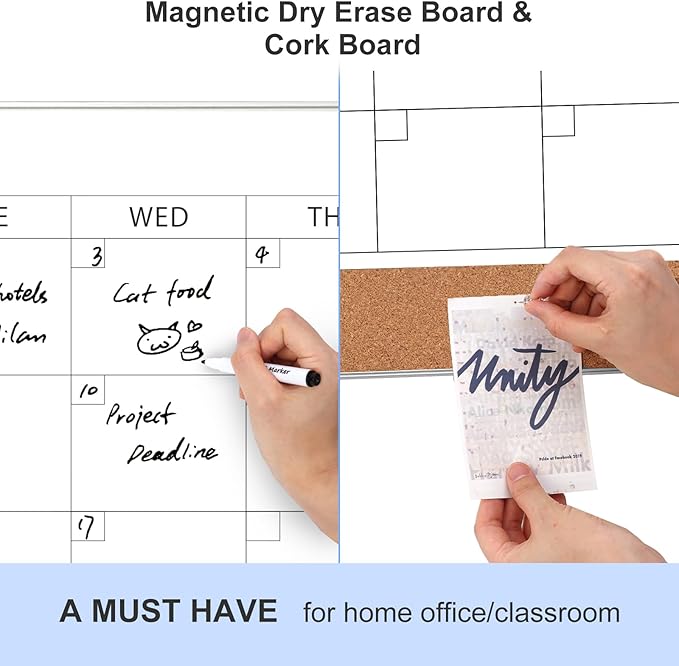 ARCOBIS Dry Erase Calendar with Cork Board for Wall, 36"x 24" Magnetic Calendar Whiteboard with Silver Frame, Monthly Combination Board for School, Home, Office