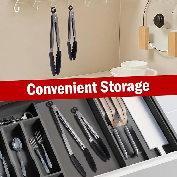 Silicone Kitchen Tongs for Cooking - 9+12 Inch Heat-Resistant Stainless Steel Cooking Tongs with Non-Slip Handle, Non-Scratch Tips for Grilling, BBQ, Salad & Air Fryer - 2-Piece Black Set