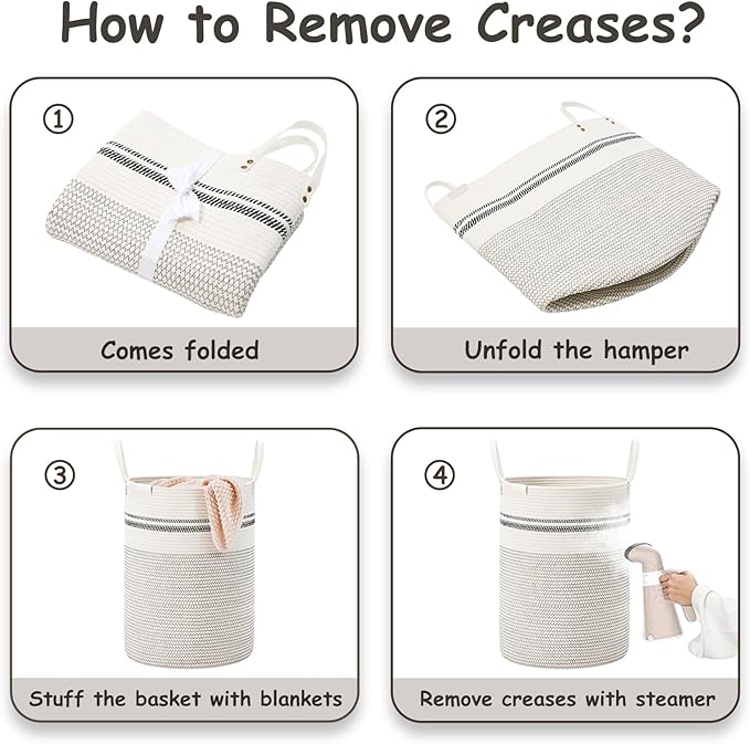 VIPOSCO Tall Laundry Basket, Large Dirty Clothes Hamper with Leather Handle, Woven Rope Storage Basket for Blanket, Toy In Living Room, Bathroom, Bedroom - 72L Stripe White