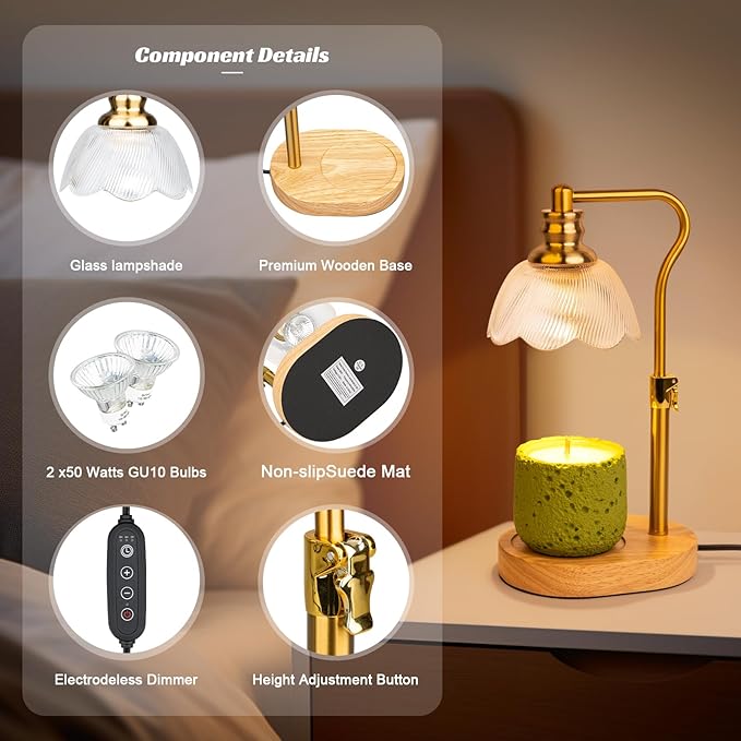 Candle Warmer Lamp, with Timer Dimmer Adjustable Height, Birthday, Mothers Day, House Warming Gift Wax Melt Warmer for Jar Candles(Includes 2 Bulbs)