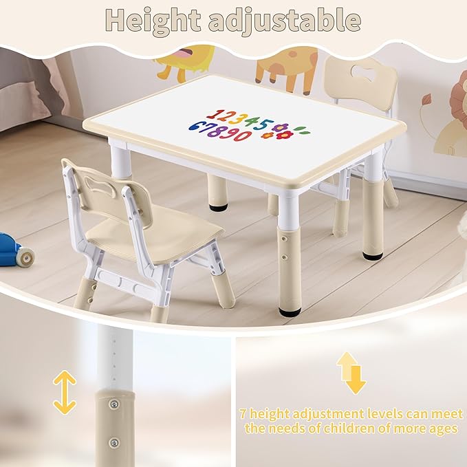 Adjustable Kids Table, Arts and Crafts Child Table with Graffiti Desktop, 7 Level Height Adjustable Children Table for Ages 3-8, Easy to Wipe Toddler Desk for Classrooms/Daycares/Homes