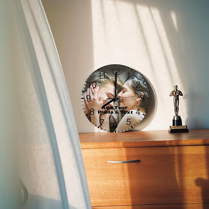 Customized Clocks with Photo for Wall, Custom Photo Wall Clocks with Text for Living Room Bedroom, Personalized 11.6" MDF Round Silent Clocks